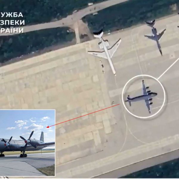 Satellite imagery showing the parking position of the Russian Ilyushin Il-38N maritime patrol aircraft at Yeysk airbase prior to its destruction during a Ukrainian drone strike.