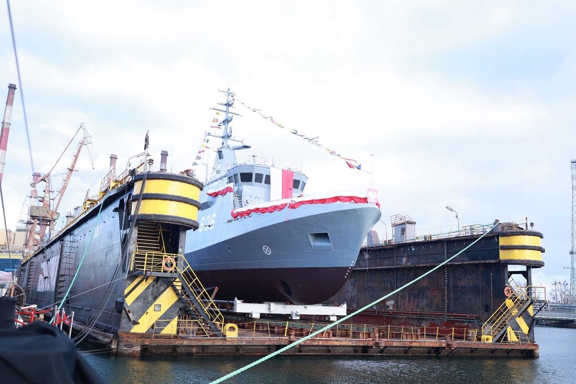 Polish Navy officials and shipyard engineers attend the launching ceremony of ORP Czajka, the sixth Kormoran II-class mine countermeasure vessel, at Remontowa Shipbuilding in Gdańsk on December 11, 2025. 