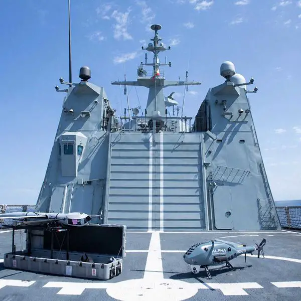 Airbus Flexrotor and Alpha A900 unmanned aerial vehicles operate from the Spanish Navy offshore patrol vessel Rayo during maritime ISTAR trials in Rota, Spain, validating real-time drone integration with the Navy’s NAIAD and SCOMBA combat management systems.