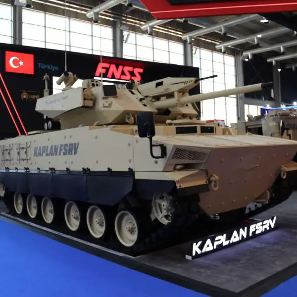 The FNSS Kaplan FSRV Fire Support and Reconnaissance Vehicle displayed at World Defense Show 2026 in Saudi Arabia, featuring the TEBER II two-man turret and Mk44 30 mm cannon, marking its first public international appearance.