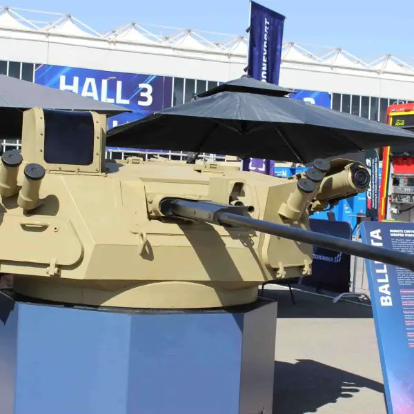 Ballista remote-controlled weapon station pairs a 30 mm 2A42 cannon with a coaxial 7.62 mm PKTM, twin Konkurs-M anti-tank guided missiles, and 81 mm smoke launchers, delivering 360-degree remote firepower with -5 to +70 degree elevation and day-night electro-optical sights for armored vehicle upgrades and perimeter defense (Picture source: Army Recognition Group).