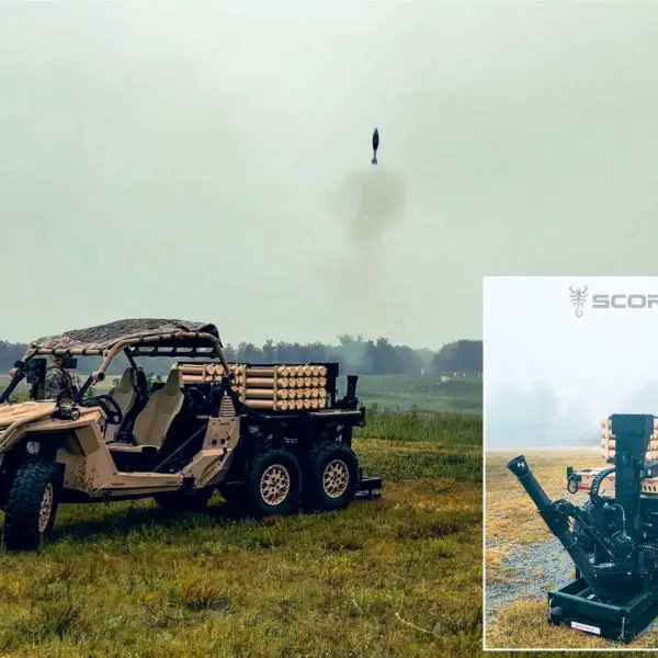 The Scorpion Light is an automated 81 mm mobile mortar system mounted on a Polaris MRZR Alpha 6x6, designed to deliver rapid, precision indirect fire and relocate in under two minutes.