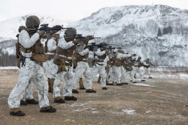 U.S. Marines and Sailors assigned to 2nd Distribution Support Battalion, Combat Logistics Regiment 27, 2nd Marine Logistics Group, conduct cold-weather live-fire rifle training at Elvegardsmoen, Norway, on February 19, 2026, as part of their preparation for Exercise Cold Response 26.