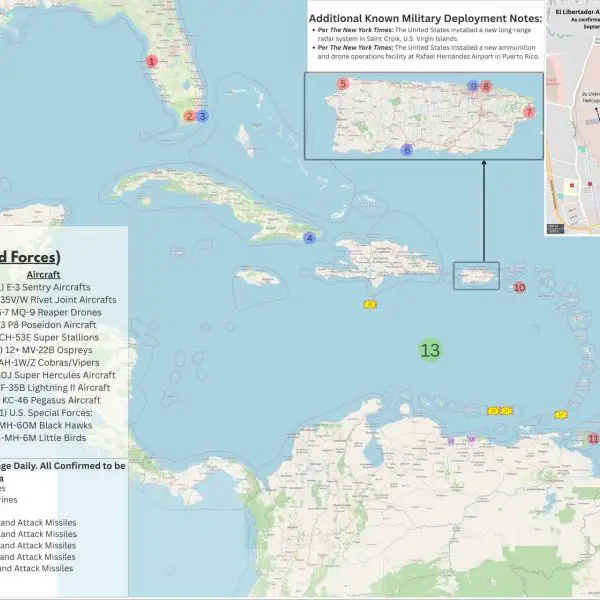 Infographic map detailing key elements of the 2025 U.S.–Venezuelan Drug Cartel Conflict, showing estimated positions of U.S. and Venezuelan military forces, along with known or reported locations of American airstrikes. All data reflects confirmed intelligence as of October 19, 2025, or prior.