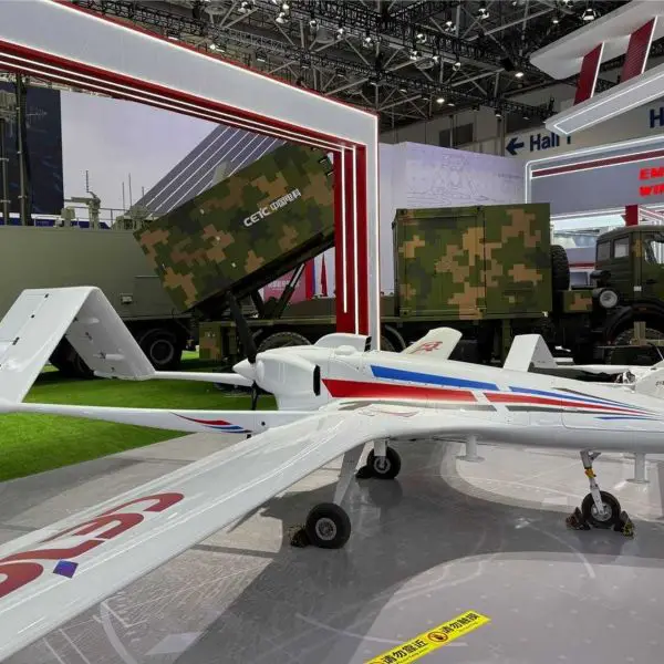 A CETC-developed drone on display during a recent international defense exhibition, showcasing China's expanding UAV portfolio and export ambitions in the global defense market.
