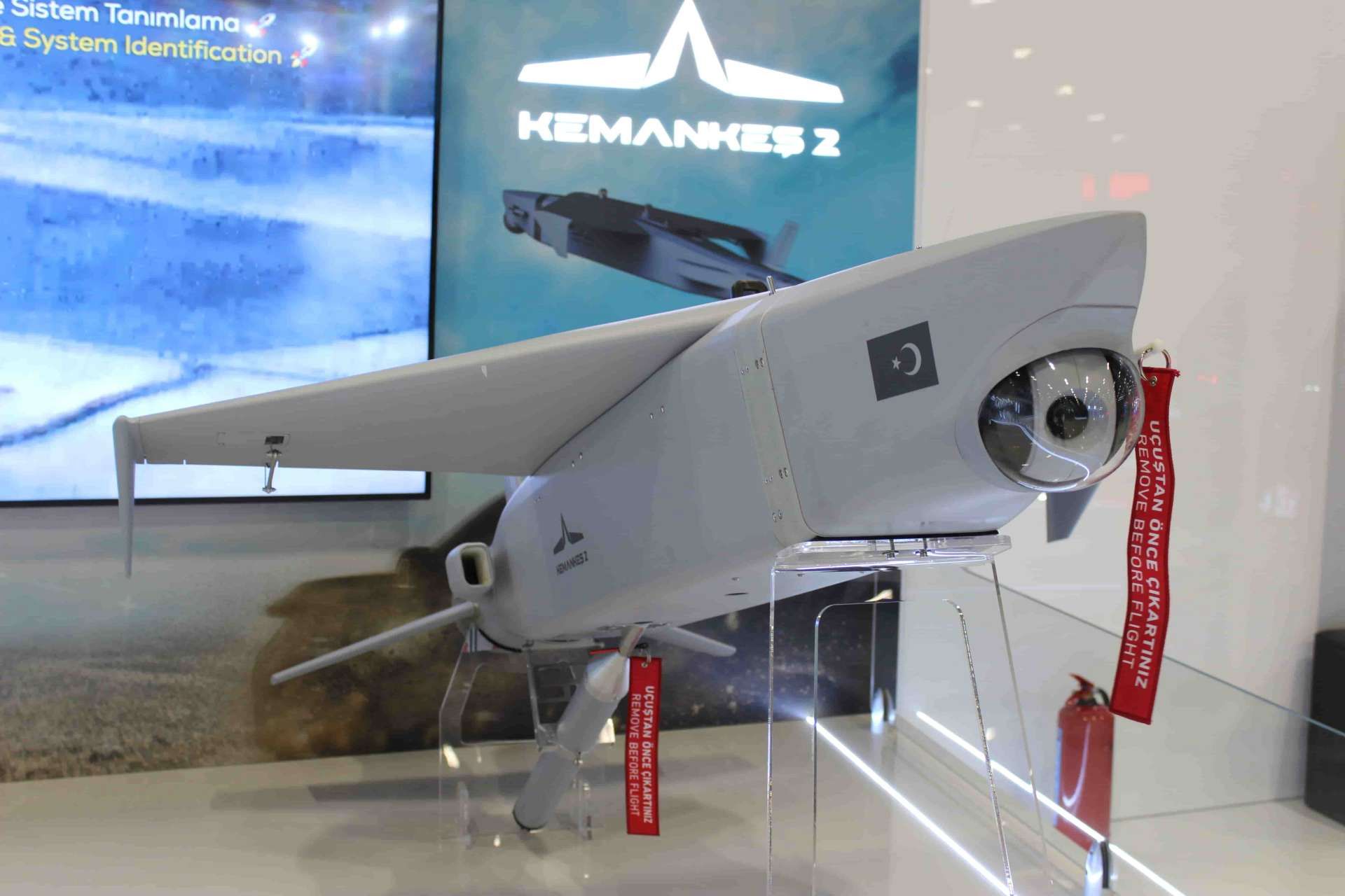 Baykar’s KEMANKEŞ 2 mini intelligent cruise missile, shown at SAHA 2026 in Istanbul, is a 75 kg jet-powered precision weapon with a 150 km range, 20 kg payload, electro-optical/GNSS guidance, and vehicle-based launch capability for mobile long-range strike missions (Picture source: Army Recognition Group).