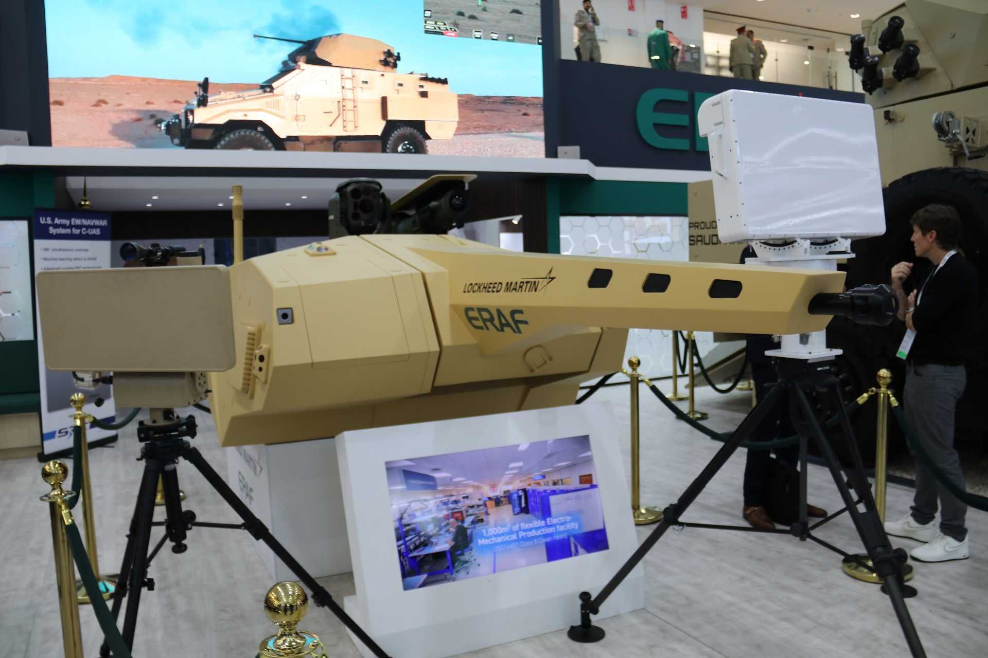 The Lockheed Martin–ERAF unmanned turret concept displayed at the ERAF booth during World Defense Show 2026 in Riyadh, highlighting the modular architecture at the center of the new Saudi-led development program.