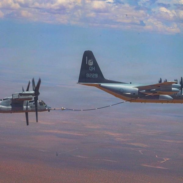 A U.S. Marine Corps training mission demonstrated how KC-130J aerial refueling can significantly extend the MV-22B Osprey’s operational reach, supporting long-range distributed expeditionary operations envisioned under the Corps’ Indo-Pacific warfighting strategy (Picture Source: U.S. Marines)
