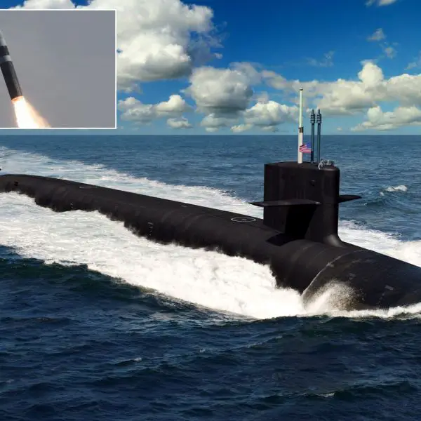 Artist’s rendering of the next-generation Columbia-class nuclear ballistic missile submarine with an unarmed Trident II D5 Life Extension (D5LE) missile launches from an Ohio-class ballistic missile submarine (Picture source: US DoD/Edited by Army Recognition)
