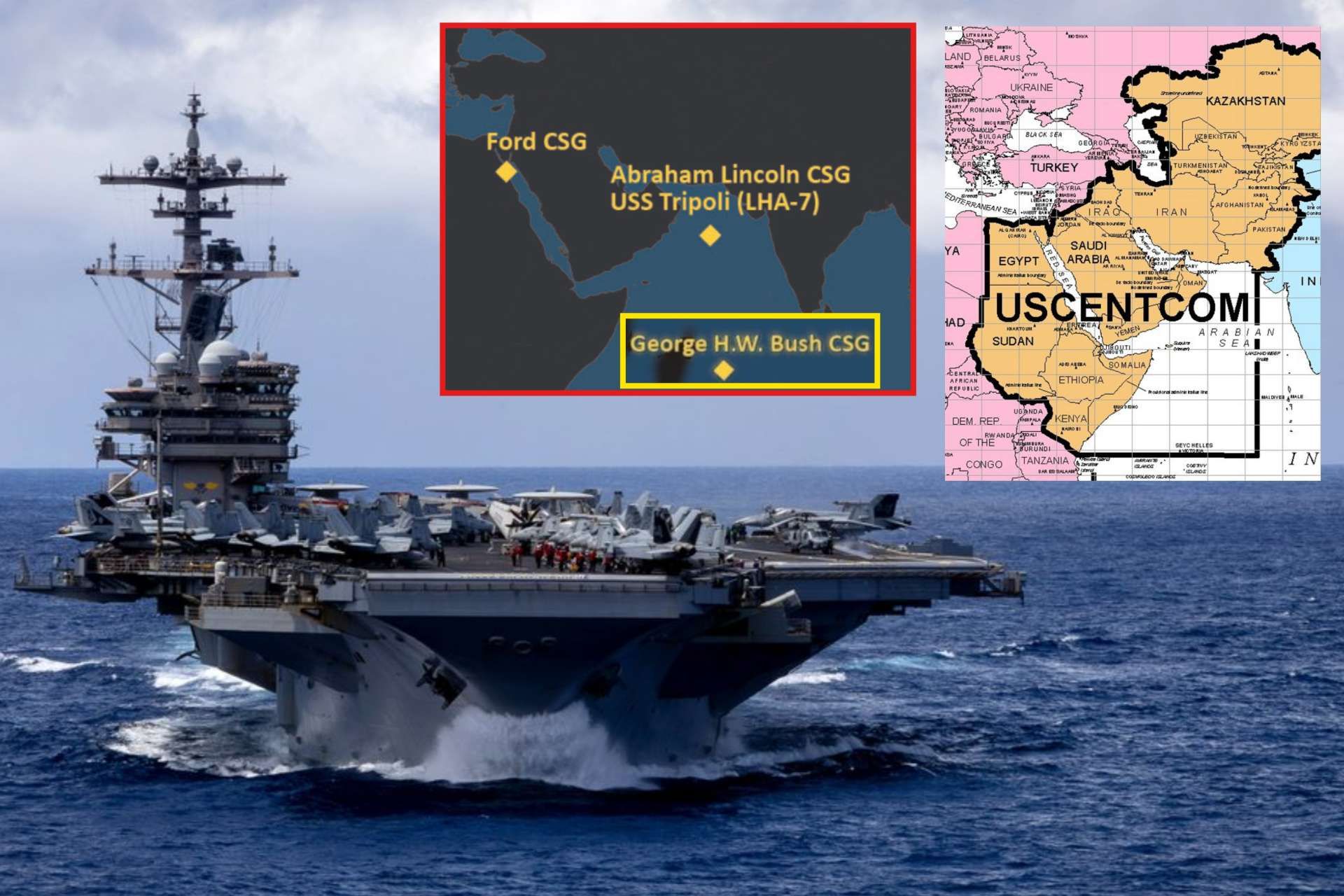 The U.S. Central Command has deployed the aircraft carrier USS George H.W. Bush (CVN-77) into the Indian Ocean, establishing a rare three-carrier U.S. Navy presence near Iran and expanding strike reach, maritime control, and operational flexibility across the region (Picture Souces: USNI, U.S. Centcom / Edited By Army Recognition)