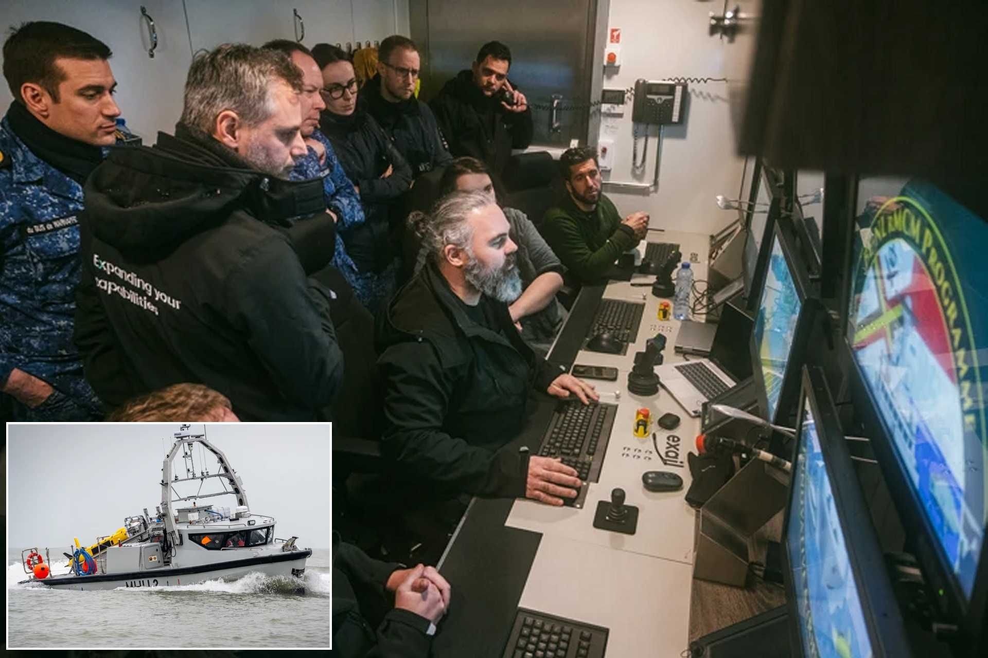 Operators control unmanned mine warfare systems from a containerized shore-based command post in Zeebruges, operating Exail’s Inspector 125 unmanned surface vehicle as part of the new modular mine countermeasures architecture.