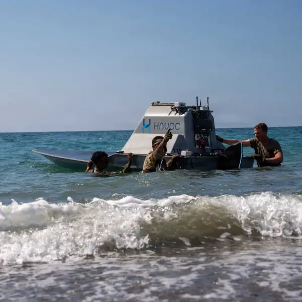 The HavocAI Rampage is a small, lightweight unmanned boat that runs on electric power and solar energy, can carry up to 136 kg of equipment, reach speeds of 27.8 km/h, and perform surveillance, communications, and transport tasks in coastal areas. (Picture source: US Army)