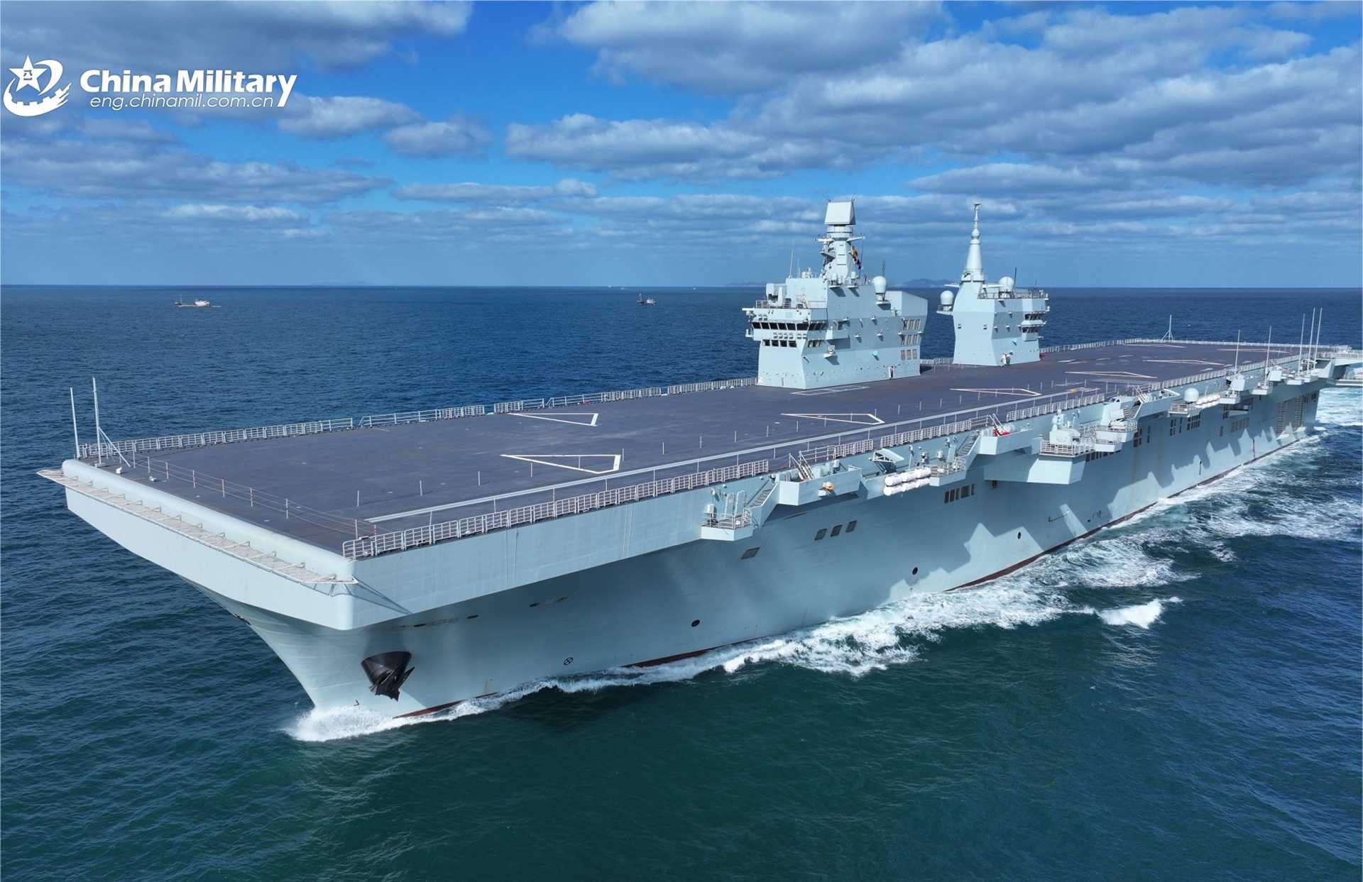 The PLA Navy’s Type 076 amphibious assault ship Sichuan concludes its first three-day sea trial in November 2025, marking an early milestone in the vessel’s testing program. (Photo by Zhang Liang via eng.chinamil.com.cn)