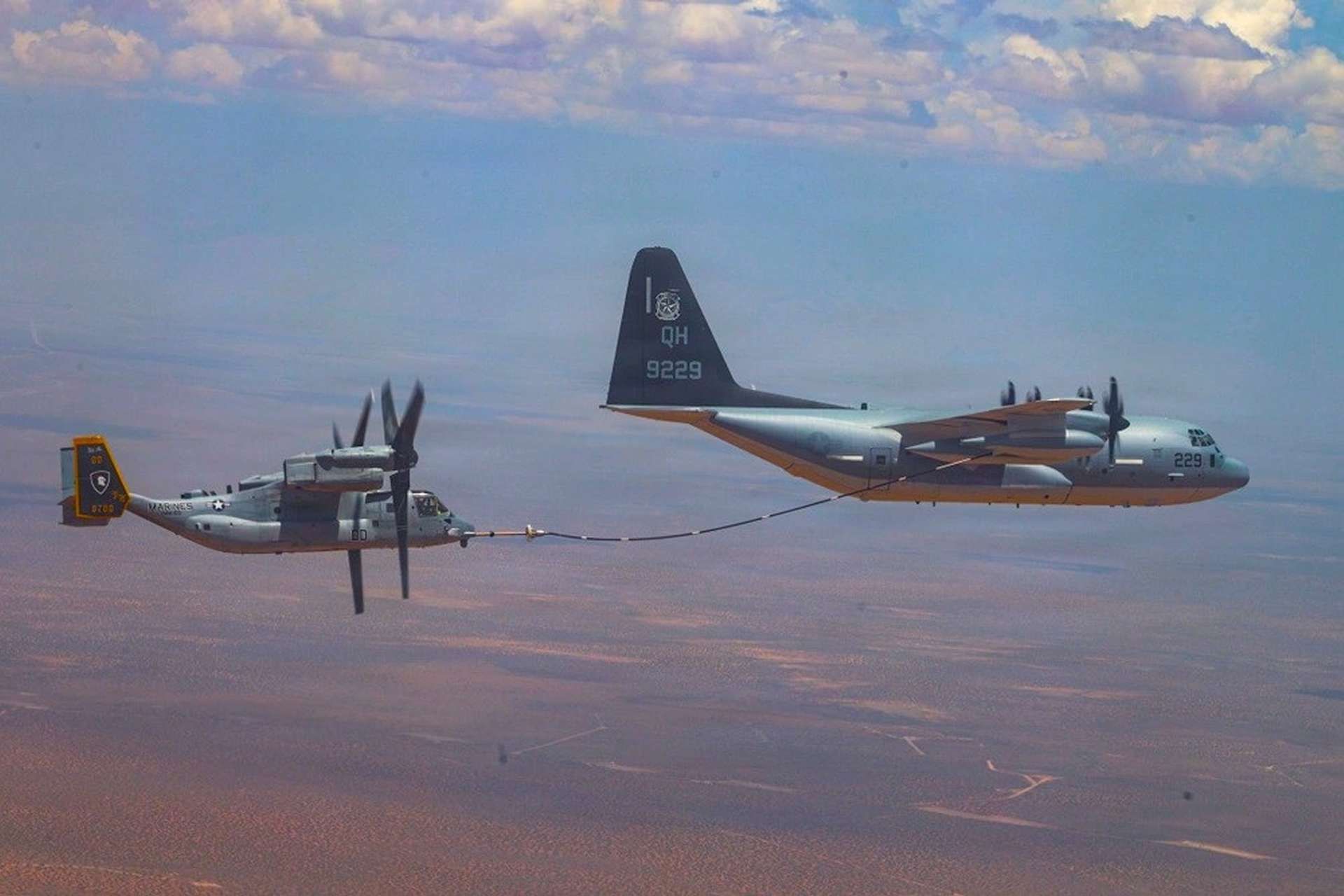 A U.S. Marine Corps training mission demonstrated how KC-130J aerial refueling can significantly extend the MV-22B Osprey’s operational reach, supporting long-range distributed expeditionary operations envisioned under the Corps’ Indo-Pacific warfighting strategy (Picture Source: U.S. Marines)