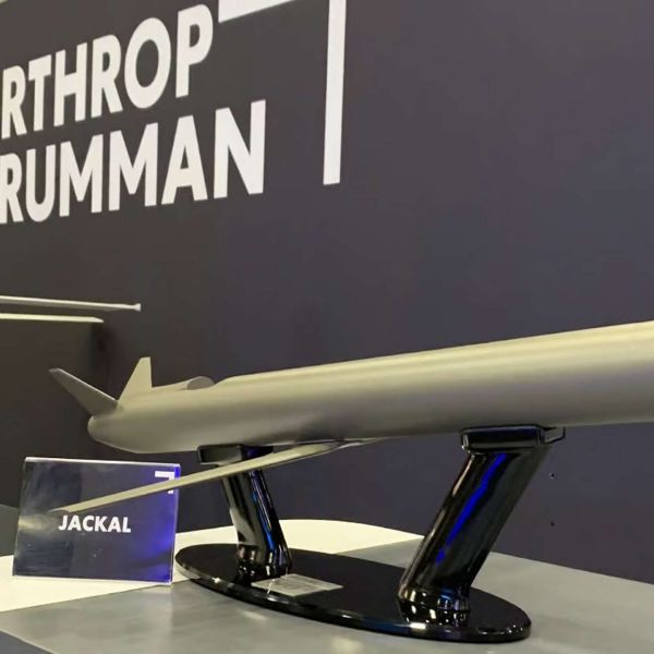 Northrop Grumman’s Jackal is a turbojet-powered autonomous precision strike missile designed for multi-domain launch, capable of high-speed standoff attack, limited loiter, GPS-denied navigation, and modular payloads for strike, ISR, or electronic warfare, with architecture aligned for future swarm-enabled operations in contested environments (Picture source: Northrop Grumman).