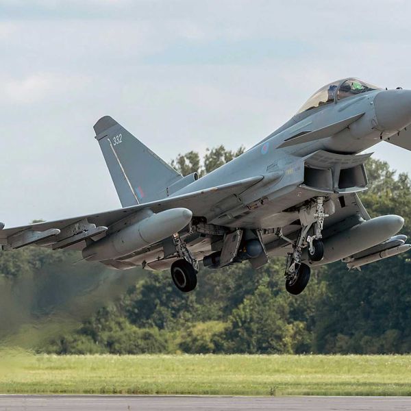 British Royal Air Force Typhoon fighter jet, soon to be equipped with the new ECRS Mk2 AESA radar, enhancing its ability to detect, track, and engage threats in complex air combat environments.