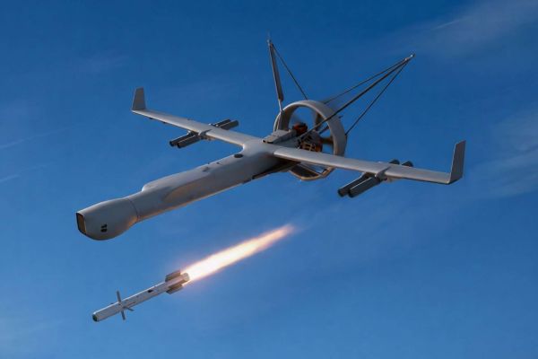 V-BAT armed with LIG Nex1’s laser-guided L-MDM adds a compact precision-strike option, enabling standoff engagement of fixed or moving targets and turning the VTOL ISR drone into a rapid find-track-finish platform in contested environments (Picture source: Shield AI).