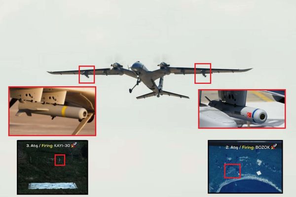The live-fire test demonstrated the Bayraktar AKINCI PT-7’s ability to accurately deploy multiple laser-guided miniature munitions in a single sortie, confirming the effective integration and operational maturity of the BOZOK and KAYI-30 systems under realistic engagement conditions (Picture Source: Army Recognition / Baykar Technologies)