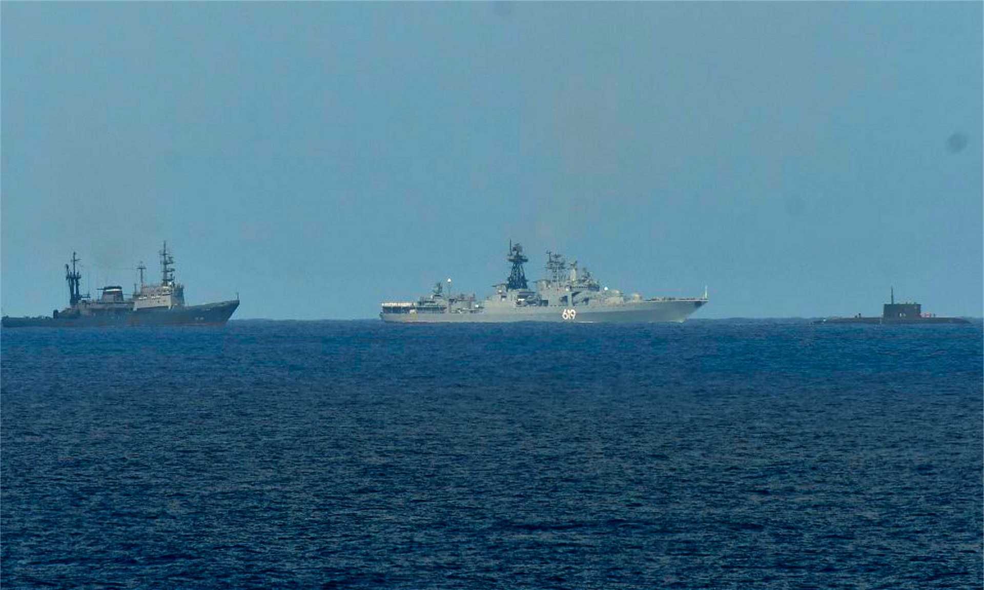 Russian naval group comprising the Kilo-class submarine Krasnodar and its escorts, including the destroyer Severomorsk, transiting southeast of Sicily. The formation was tracked by the Italian Navy frigate ITS Virginio Fasan.