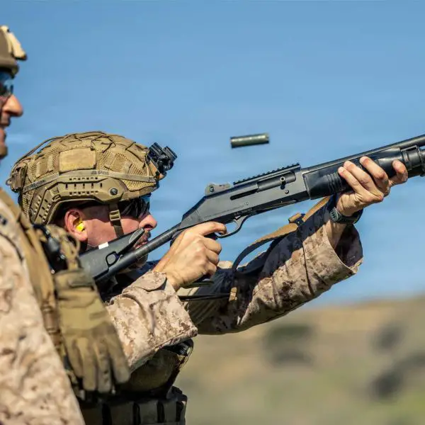 U.S. Marine Sgt. Emerick Wurstner fires an M1014 shotgun during a counter-small drone training range at Camp Pendleton during Exercise Steel Knight 25, Dec. 2, 2025.
