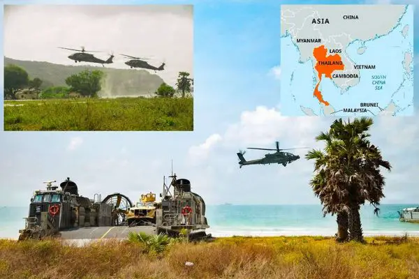 U.S. Navy LCAC 81 and Army Apache and Black Hawk helicopters conducted coordinated sea-based amphibious operations during Cobra Gold 2026 off Thailand’s Hat Yao Beach, underscoring joint littoral combat readiness in the Indo-Pacific (Picture Source: DVIDS)