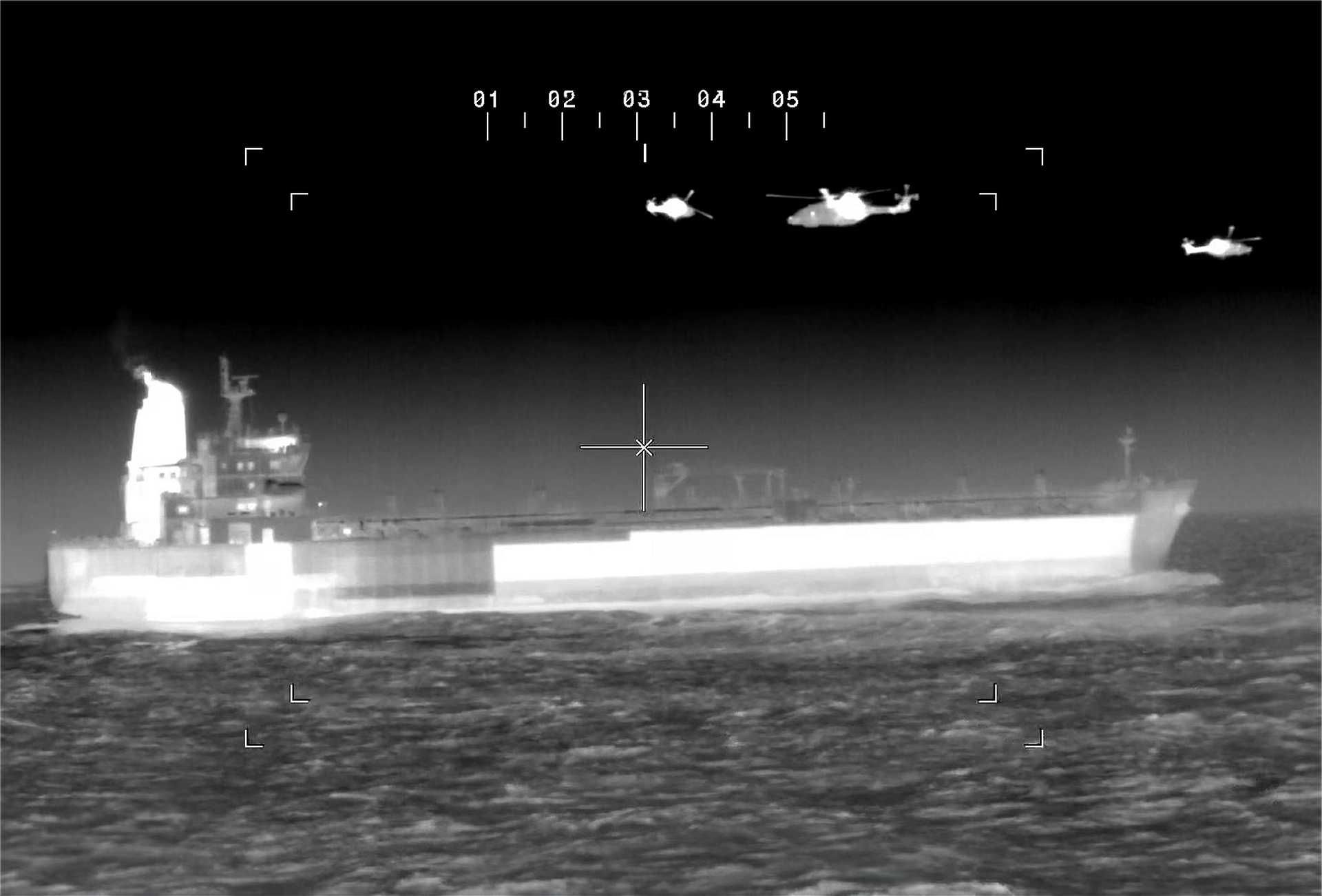 Belgian military boarding teams secure the oil tanker Ethera in the North Sea during Operation Blue Intruder, a coordinated interception supported by French naval aviation targeting Russia-linked shadow fleet sanction evasion activities, March 2026. 