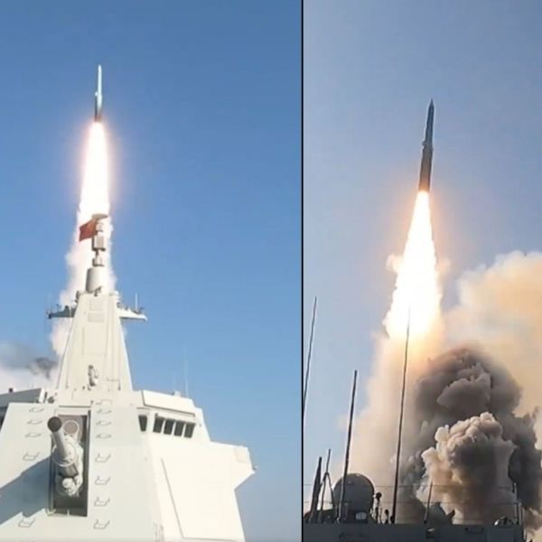 Screenshot from the video showing a China Type-055 destroyer firing a YJ-20 hypersonic missile in the first official live fire test