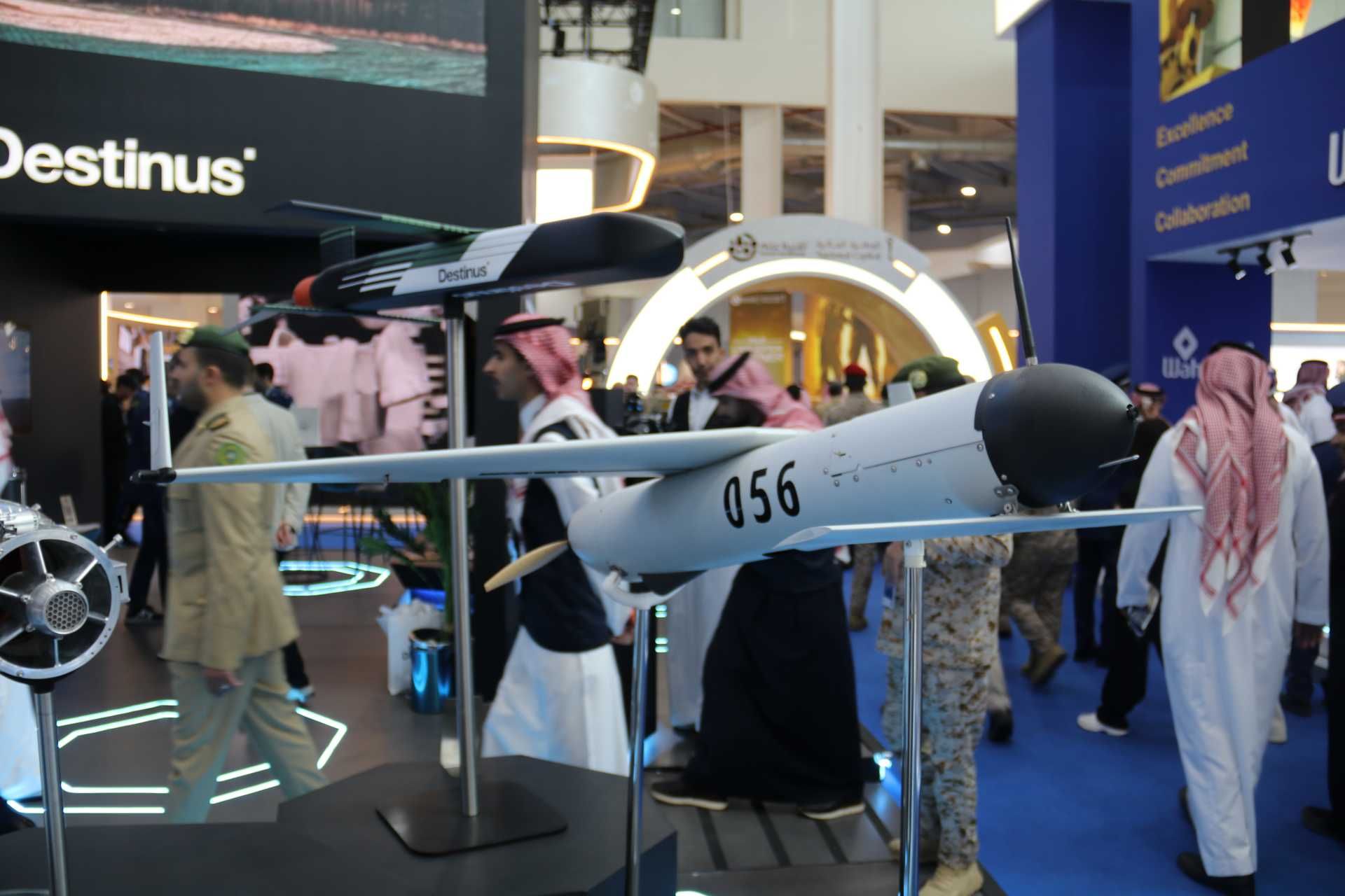 Destinus Hornet Block 1 surface-to-air interceptor displayed at World Defense Show WDS 2026 in Riyadh showcasing its compact aerodynamic design and mid-wing configuration tailored for 45 km counter drone operations within layered GBAD networks