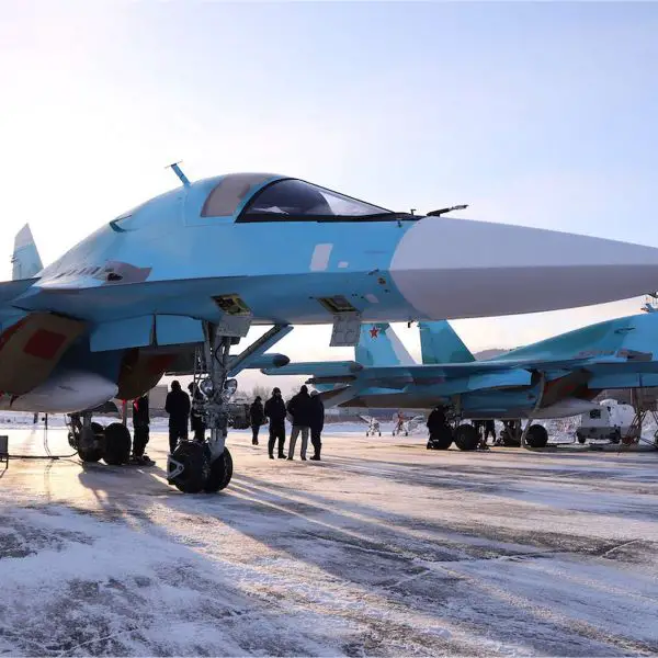 The Su-34 is a long-range Russian fighter-bomber with an 8-ton weapons load, armored side-by-side cockpit, terrain following radar, and stand-off precision strike capability (Picture source: Rostec).