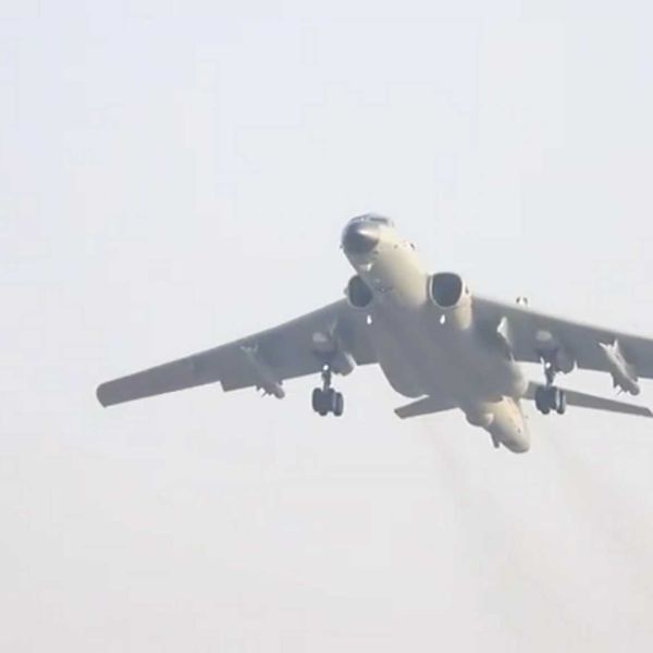 Chinese Air Force H-6 bomber takes off carrying YJ-12 supersonic anti-ship missiles during long-range strike exercises east of Taiwan, as shown in footage released by China on December 29, 2025.