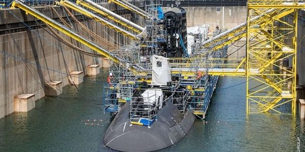 Barracuda-class attack submarine Duguay-Trouin during reactor-related industrial work in 2022; the image illustrates a similar nuclear propulsion milestone to the reactor start recently achieved on De Grasse (Picture source: French Ministry of the Armed Forces).