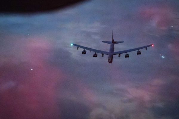 A U.S. Air Force B-52 Stratofortress conducts operational overflight inside the U.S. Central Command area of responsibility, supporting expanded strike missions over Iran following the establishment of localized air superiority, March 26, 2026.