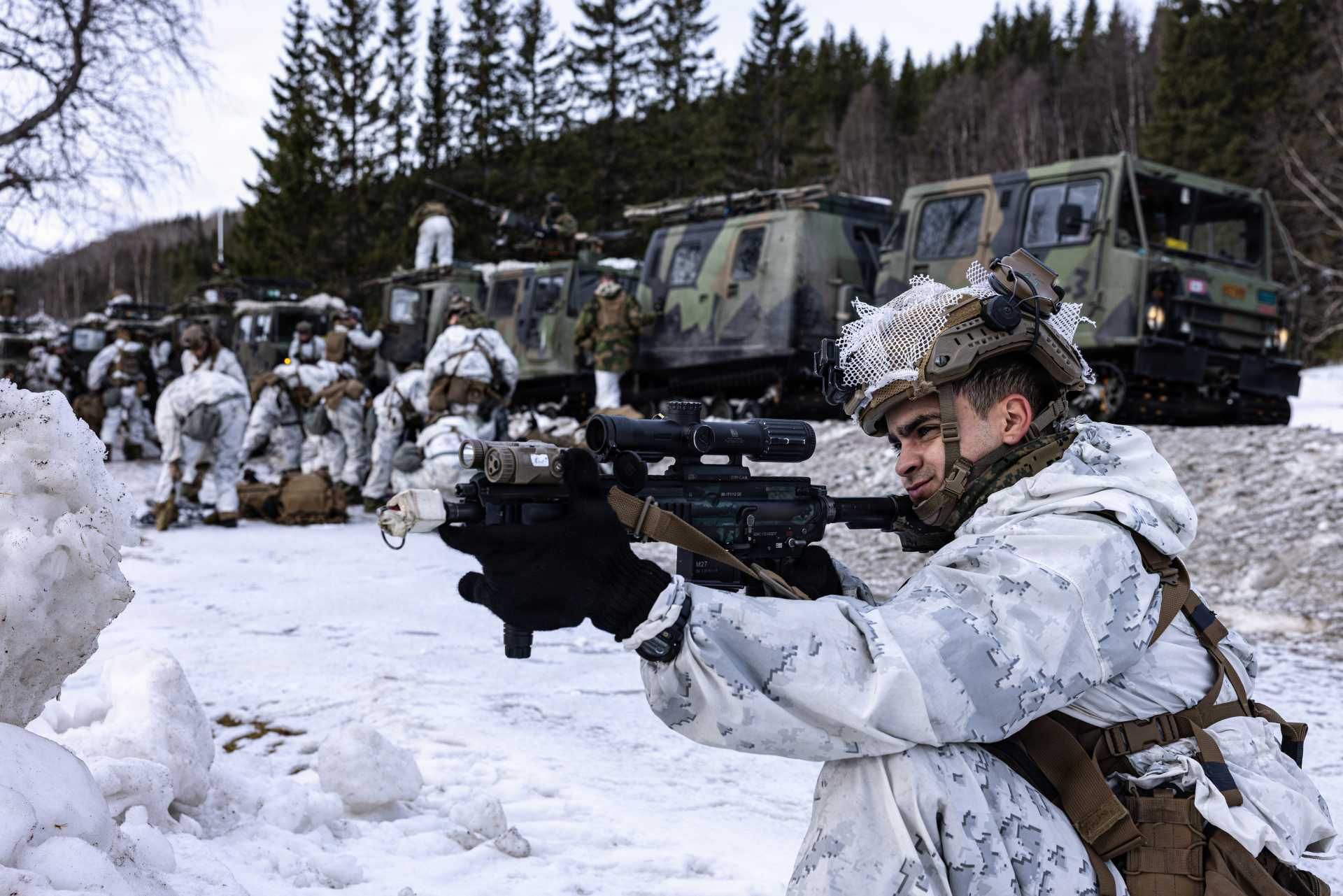 U.S. Marine Corps Lance Cpl. Thomas Toro secures position during Cold Response 26 in Setermoen, Norway, as U.S. Marines and NATO allies conduct force-on-force operations to validate integrated Arctic combat readiness and multinational coordination.