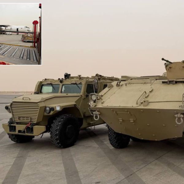 A Russian BTR-22 8x8 wheeled armored combat vehicle is shown next to a Planshet-A wheeled artillery command post, with the inset depicting a Ballista remotely operated weapon station delivered by Rosoboronexport for World Defense Show 2026. (Picture source: X Channel @OSINTWarfare)