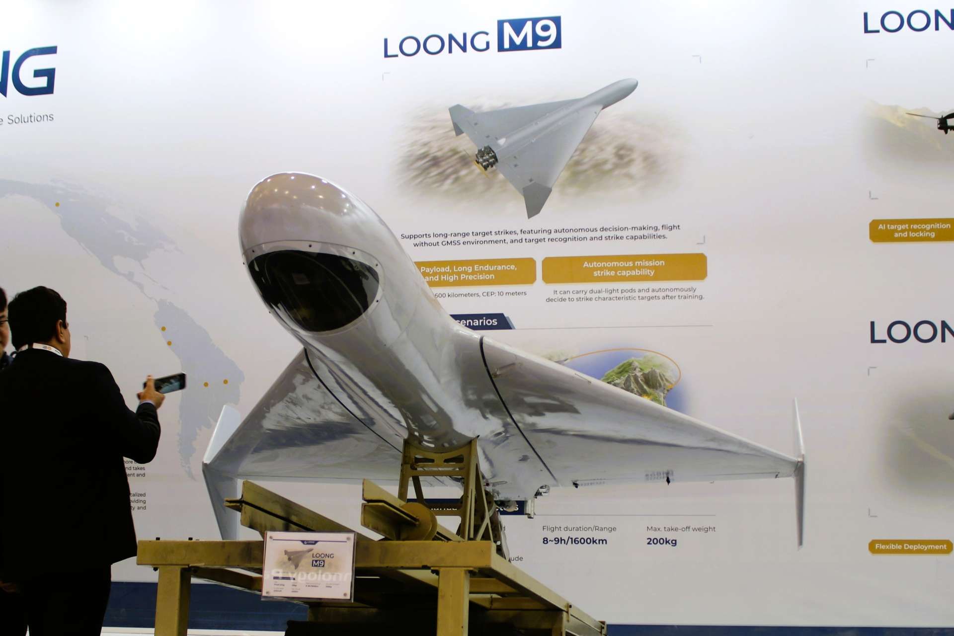 China’s LoongUAV unveiled the Loong M9 at World Defense Show 2026 in Riyadh, introducing a heavy long-range loitering munition with a 50 kg payload, up to nine hours of endurance, and an advertised strike radius exceeding 1,600 kilometers (Picture Source: Army Recognition Group)