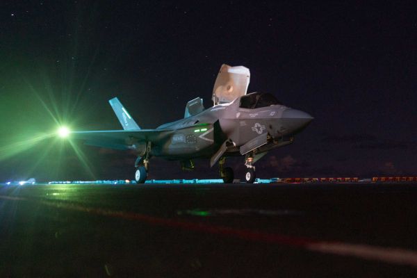 A U.S. Marine Corps F-35B Lightning II operates in the U.S. Central Command area, illustrating the aviation strike capability deployed with the Tripoli Amphibious Ready Group and 31st Marine Expeditionary Unit.