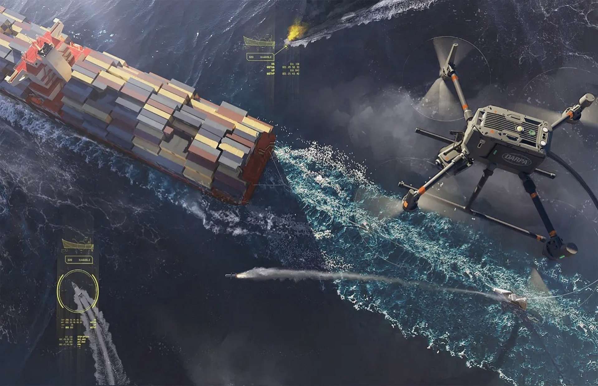 DARPA’s Pulling Guard pairs a towed semi-autonomous escort craft with tethered aerial sensors to spot and defeat hostile small boats and USVs, giving unarmed logistics and merchant ships a scalable, modular layer of convoy protection without relying on high-end warships (Picture source: DARPA). 