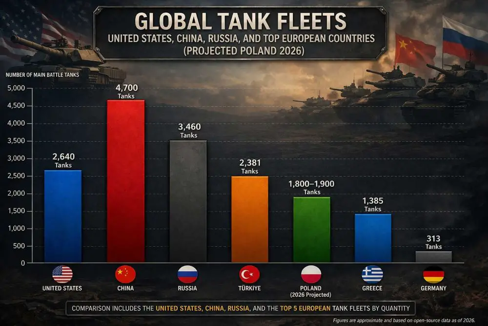 Europe’s tank power in 2026 shows Türkiye leading in numbers, while Poland rapidly closes the gap with a projected 1,800–1,900 modern MBTs. Compared globally, China (4,700), Russia (3,460), and the United States (2,640) still dominate by scale, but Europe’s strength increasingly lies in advanced platforms such as Leopard 2, Abrams, and K2.