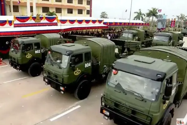 Cambodian Army's Chinese-made Type-90B 122mm multiple rocket launcher on display during a military parade in Phnom Penh, showcasing the platform's 40-tube configuration and high-mobility chassis.