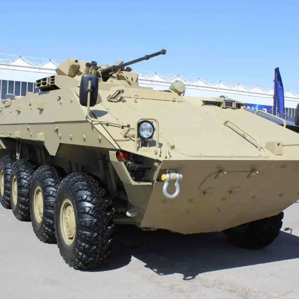 BTR-22 8x8 shown at WDS Riyadh features a 30 mm automatic cannon with 7.62 mm coaxial machine gun, thermal sights and all-round cameras for day-night engagement, delivering mobile fire support for dismounts against infantry, firing points and light armour while retaining amphibious, rapid-reaction APC mobility (Picture source: Army Recognition Group).