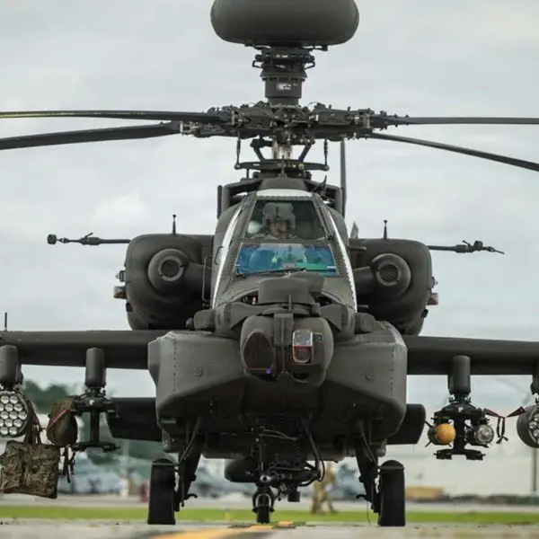 The U.S. Army’s AH-64E Apache V6 demonstrates its emerging counter-drone role, using upgraded sensors, Link 16 networking, JAGM and Hellfire missiles, APKWS rockets, and the 30 mm chain gun to detect, track, and destroy small and medium UAS during Operation Flyswatter at MCAS New River (Picture source: U.S. DoW).