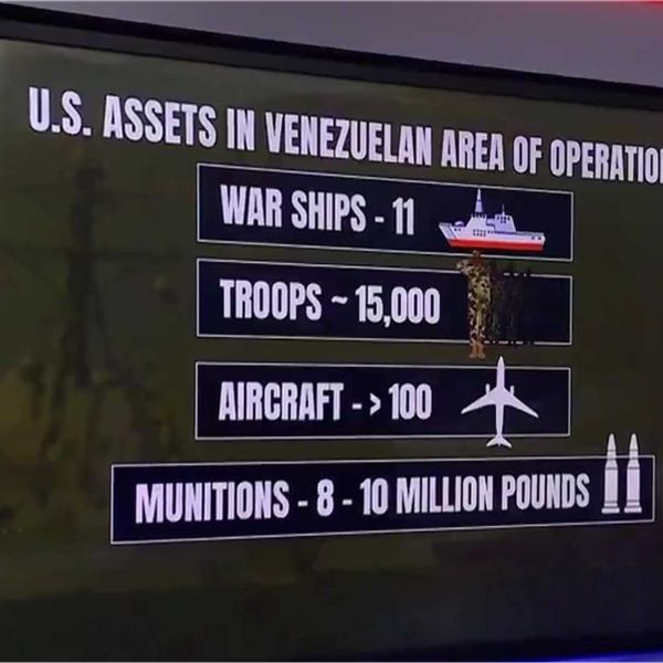 U.S. Navy warships and carrier-based aircraft seen during a Newsmax video report detailing the deployment of 11 American warships and 15,000 troops off the coast of Venezuela as part of a high-readiness naval operation, December 1, 2025.