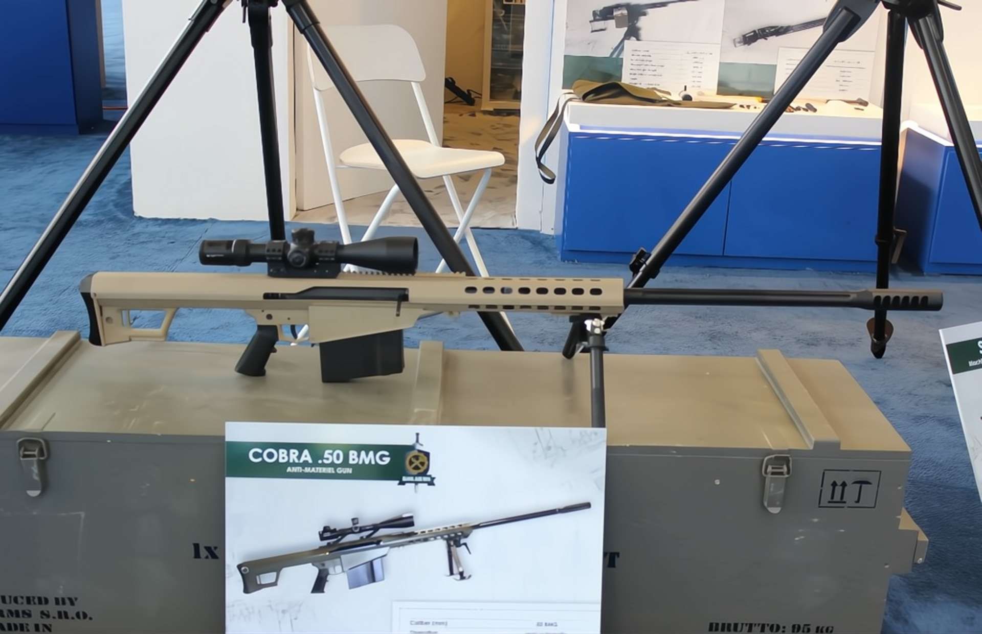 KolArms COBRA .50 BMG semi-automatic anti-materiel rifle shown at WDS in Saudi Arabia, featuring a 750 mm barrel, 10-round magazine, long Picatinny rail for day and clip-on optics, and recoil-mitigating muzzle brake for rapid follow-up shots against vehicles, equipment, and hardened targets at extended range (Picture source: Army Recognition Group).