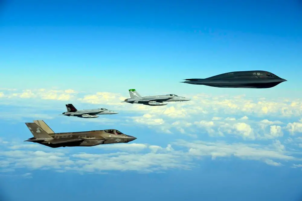A U.S. Air Force B-2 Spirit teamed with Navy F-35C and F/A-18E fighters off California to rehearse a long-range, networked maritime strike designed to counter emerging anti-access threats (Picture Source:  U.S. Air Force’s 509th Bomb Wing)