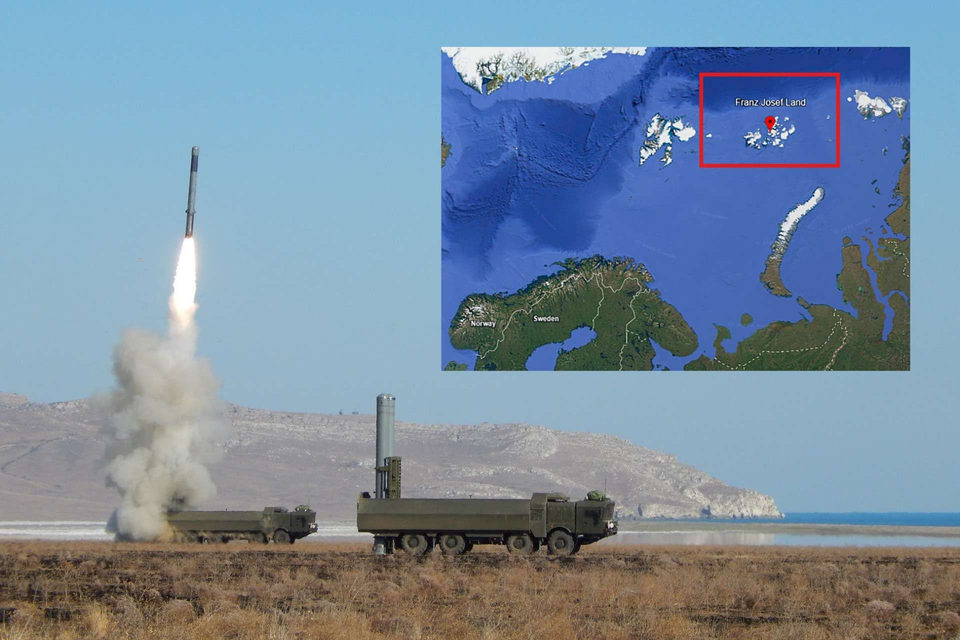 Russia’s Northern Fleet rehearsed mobile Bastion anti-ship missile strikes from Franz Josef Land to simulate denying NATO naval forces access to the Arctic (Picture Source: Google Maps / Russian MoD)