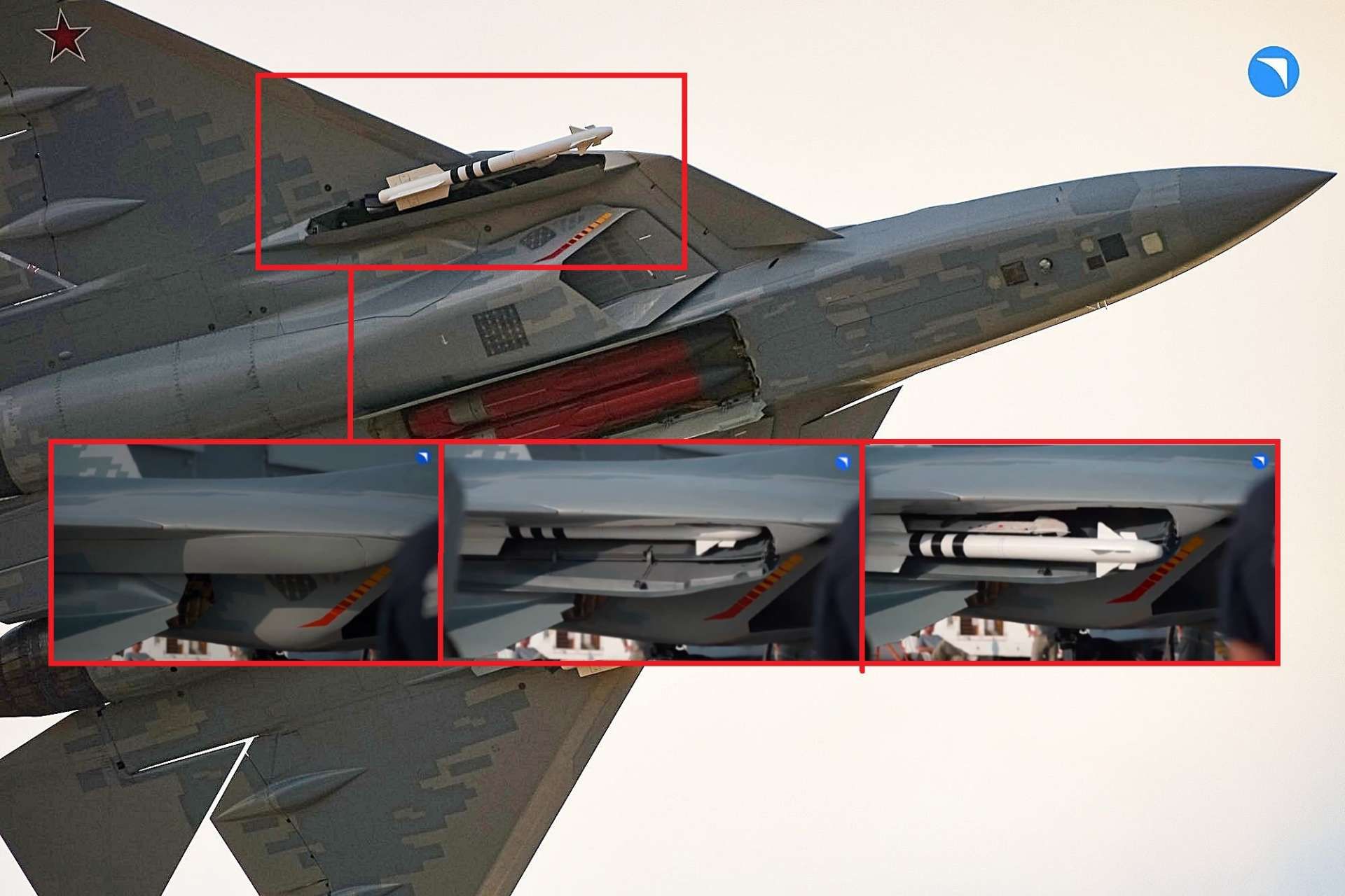 At Dubai Airshow 2025, Russia’s Su-57E prototype publicly demonstrated its side weapons bay operation for the first time, showcasing the rapid deployment and retraction of a short-range air-to-air missile, confirming its advanced stealth and multi-role combat design (Picture Source: UAC)