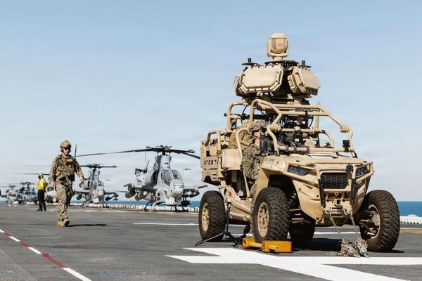 Marines and Sailors of the Boxer Amphibious Ready Group and 11th Marine Expeditionary Unit conduct a simulated strait transit aboard USS Boxer (LHD 4), rehearsing tight-formation navigation and layered shipboard defenses for chokepoint operations. The drill stresses rapid contact identification, counter-drone measures, and coordinated aviation overwatch to reduce risk in confined waters where coastal threats, mines, and dense commercial traffic compress reaction time (Picture source: U.S. DoW).