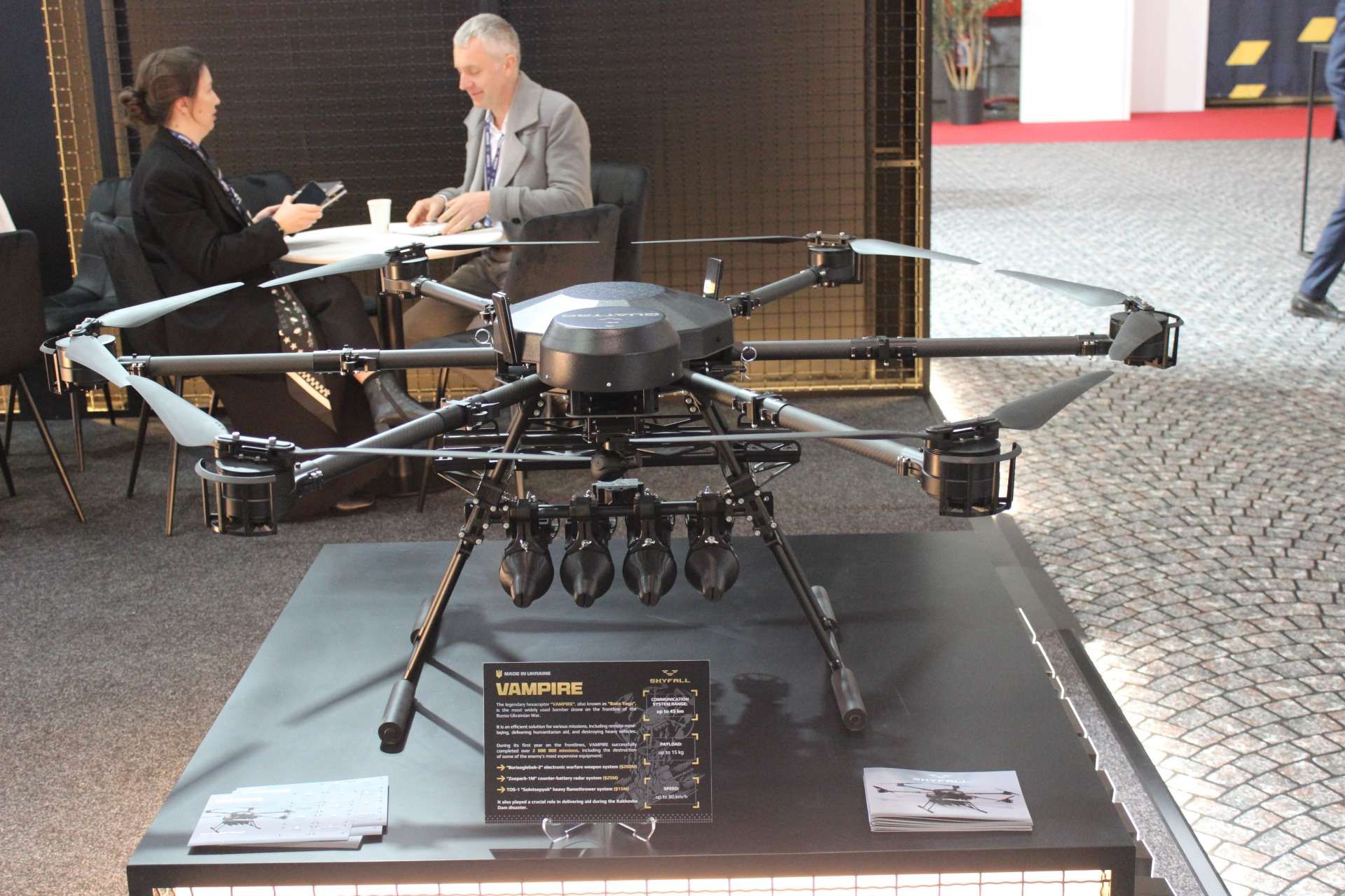 SkyFall’s Ukrainian-made Vampire heavy hexacopter, displayed at BEDEX in Brussels, is a battle-proven strike and resupply drone designed for night operations, remote mine-laying, and precision attacks with payloads of up to 15 kg (Picture source: Army Recognition Group).