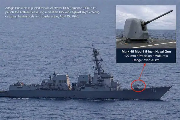 U.S. Navy USS Spruance (DDG-111) conducts maritime interdiction operations in the Arabian Sea on April 15, 2026, with inset highlighting the Mark 45 Mod 4 127 mm naval gun used to deliver precision disabling fire during the seizure of the Iranian-flagged container ship Touska.