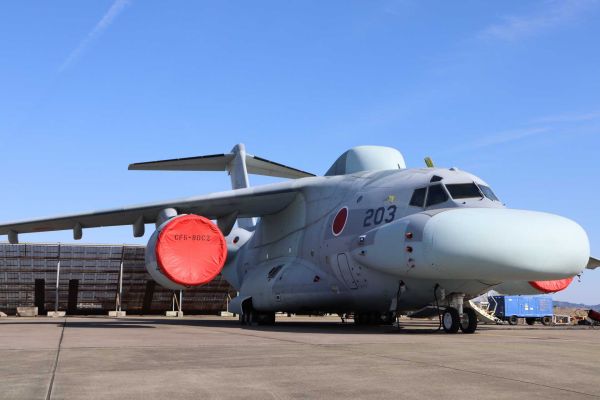 The EC-2 features a large bulbous radome on the forward fuselage, comparable to the prominent nose structure installed on the EC-1 aircraft, while additional bulges are visible on the top of the fuselage and along the sides of the aircraft. (Picture source: X/@jasdf_adtc)